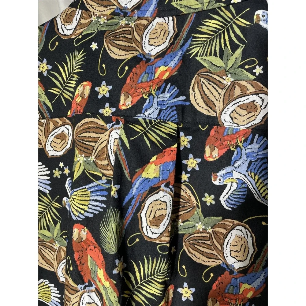 High Surf Island Men's Hawaiian Shirt L Black‎ W/Parrots & Coconuts Floral